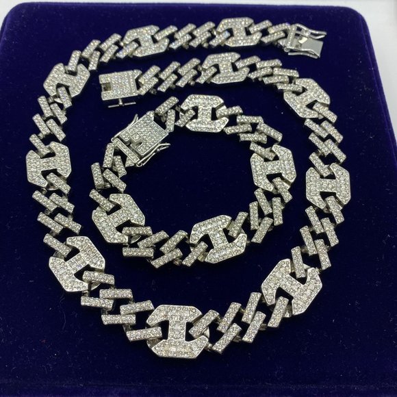 Iced Out Prong Cuban Link Chain  Necklace Bracelet SET - Picture 1 of 5